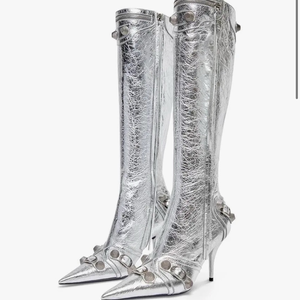 Tall silver shiny heel boots